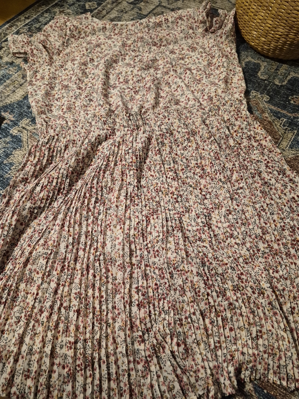 LOFT Pink and Cream Floral Pleated Midi Dress with Elastic Waist